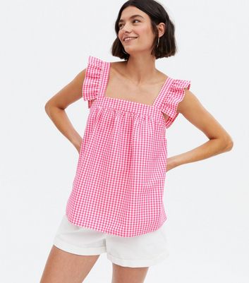 Pink Gingham Frill Square Neck Top ...